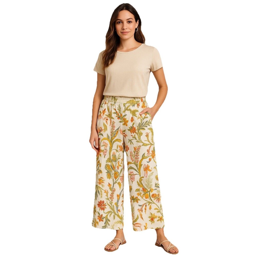 Floral Linen Blend Wide Leg Pants Size M Boho Botanical Resort Summer